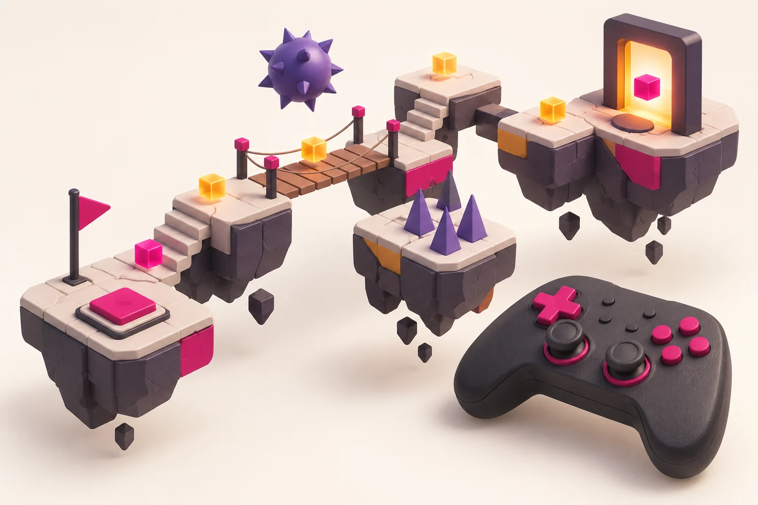 Een speels gamelevel met platforms, obstakels en een controller.
