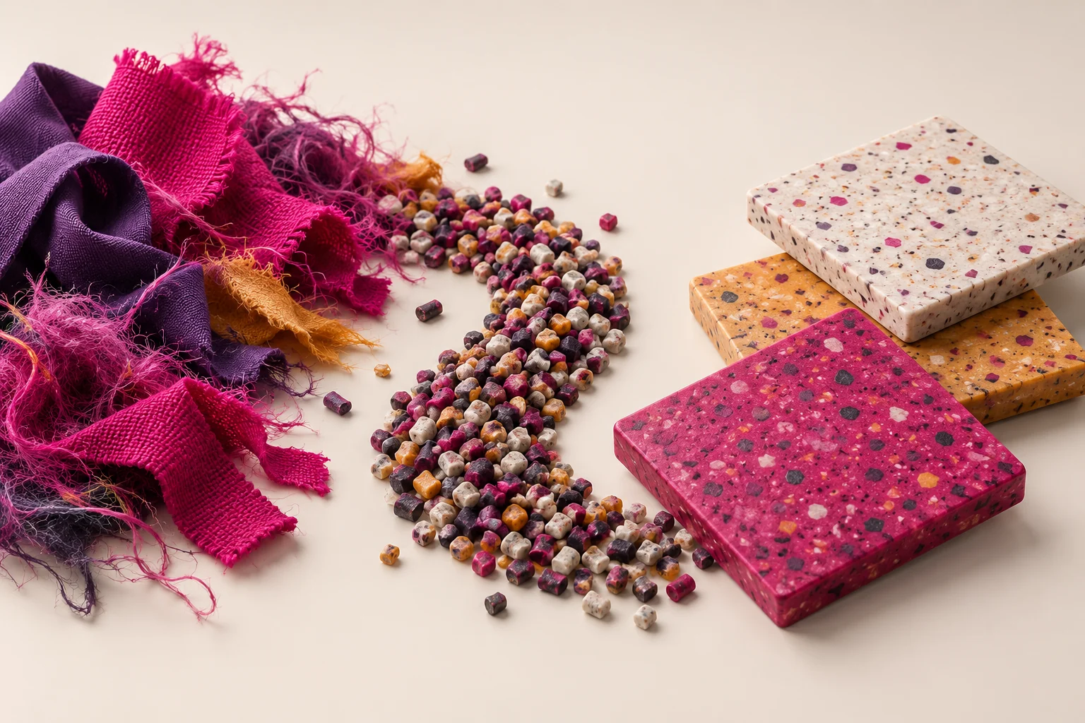 Textielresten, korrels en nieuwe tegels als mogelijke materiaaltoepassingen.